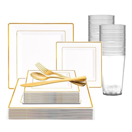 Smarty Had A Party White with Gold Square Edge Rim Plastic Wedding Value Set, 720PK 519GVS120